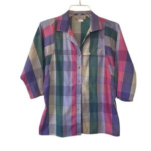 Vintage Multicolor Plaid Jewel Tone Blouse Sz Medium